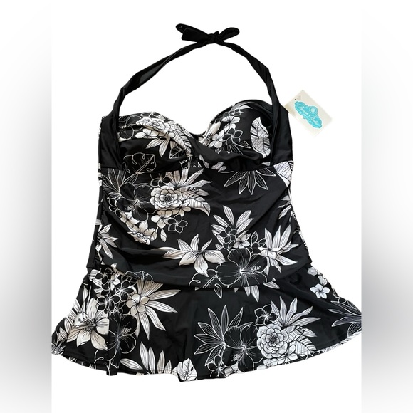 beach belle Other - NEW Beach Belle Plus Size Black White Midnight Bouquet Twist Halter Swim Dress